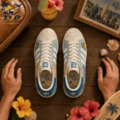 The Beach Boys Good Vibrations Casual Air Force Shoes 2 Custom The Beach Boys themed Adidas sneakers on a wooden table with tropical decor.