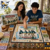 The Beach Boys Surfer Girl Monopoly Board Game 2026 3 A couple playing The Beach Boys Monopoly board game at an outdoor table.
