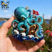 A detailed Kraken octopus figurine holding a small wooden ship at sea