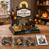 Tvpcomebackshop Sleepy Hollow building set with glowing jack-o'-lanterns and headless horseman.