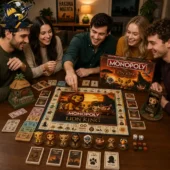 A group of friends playing The Lion King Monopoly collector edition board game.