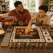 Father and son playing Disney The Lion King Collector Edition Monopoly board game at home