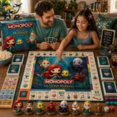 Family playing The Little Mermaid Monopoly Collector Edition board game