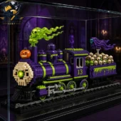 The Midnight Ghost Train Halloween Night Collector's Building Brick Set 1 Spooky purple and green Halloween train building block set in display case
