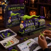 The Midnight Ghost Train Halloween Night Collector's Building Brick Set 2 Assembled Midnight Ghost Train building block set displayed with parts and manual.