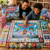 The Powerpuff Girls Collector's Edition Monopoly Board Game 2 Family playing The Powerpuff Girls Collector Edition Monopoly board game from Tvpcomebackshop.