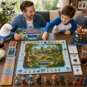 Father and son playing The Smurfs Collector Edition Monopoly board game at Tvpcomebackshop