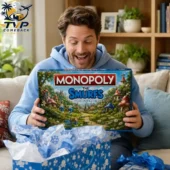 Man excited holding Monopoly The Smurfs Collector Edition board game