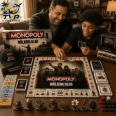 The Walking Dead Survival Edition Monopoly Board Game 2 Father and son playing The Walking Dead Monopoly Collector Edition board game from Tvpcomebackshop.