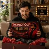 The Weeknd Collector's Edition Monopoly Board Game 2026 1 A man excitedly holding The Weeknd Monopoly Collector Edition board game.