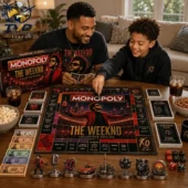 The Weeknd Collector's Edition Monopoly Board Game 2026 2 A father and son playing The Weeknd Monopoly Collector Edition board game at home.