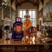 Amber glass Three Lions royal statue on a wooden desk with a purple crest plaque.