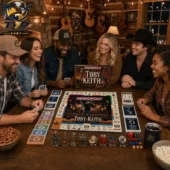 A group of friends playing the Toby Keith Collector Edition Monopoly game at a wooden table in a rustic setting.