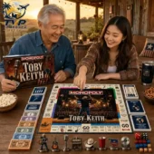 Man and woman playing the Toby Keith Collector Edition Monopoly game from Tvpcomebackshop.