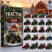 2026 Tractor Advent Calendar by Tvpcomebackshop featuring miniature farm tractors in a snowy farm scene
