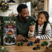 Tractor Advent Calendar 2026 3 Father and daughter playing with toy tractors from a 2026 tractor advent calendar by Tvpcomebackshop