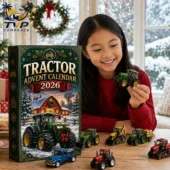 Tractor Advent Calendar 2026 4 Young girl playing with toy tractors and 2026 Tractor Advent Calendar from Tvpcomebackshop