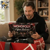 Van Halen Collector's Edition Monopoly Board Game 2026 1 Man excitedly holding Van Halen Monopoly Collector Edition board game