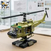 Vietnam War Bell UH-1 Huey 70th Anniversary Collector's Building Brick Sets 2026 2 A detailed model of a Bell UH-1 Huey helicopter on a display stand.