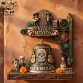 Viva Mexico Dia De Los Muertos 3D Wall Hanging Bell 2026 2 Viva Mexico themed wall bell decor featuring mariachi figures and sugar skulls