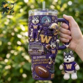 Washington Huskies Go Dawgs 40oz Collector Tumbler With Handle 2 University of Washington Huskies insulated tumbler with 3D mascots and stadium design by Tvpcomebackshop