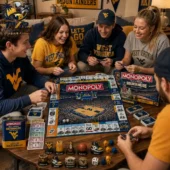 A group of friends playing West Virginia Mountaineers Monopoly at Tvpcomebackshop