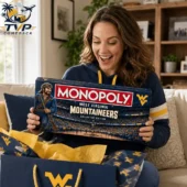 Woman holding West Virginia Mountaineers Monopoly game