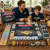 Father and son playing West Virginia Mountaineers Collector Edition Monopoly by Tvpcomebackshop