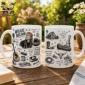 Two white ceramic mugs featuring Willie Nelson illustrations and country music themed graphics by Tvpcomebackshop.