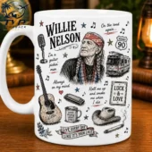 Willie Nelson Country Music Coffee Mug 1 White ceramic mug featuring Willie Nelson portrait and classic country music illustrations