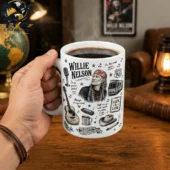 Willie Nelson Country Music Coffee Mug 2 Hand holding a white Willie Nelson themed ceramic mug with country music illustrations