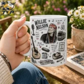 Willie Nelson Country Music Coffee Mug 3 Willie Nelson themed ceramic coffee mug with musical illustrations