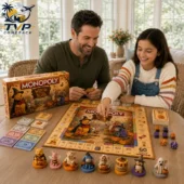 Winnie the Pooh Halloween Collector’s Edition Monopoly Board Game 2 A father and daughter playing the Winnie the Pooh Collector's Edition Monopoly board game at a wooden table.