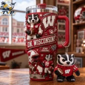 Wisconsin Badgers Evergreen Enterprises 40oz Tumbler With Handle 2 Wisconsin Badgers football themed tumbler with mascot keychain from Tvpcomebackshop