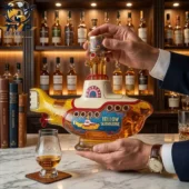 Yellow Submarine Collectible Edition Decanter Bottle 2 A Yellow Submarine shaped glass decanter filled with whiskey held by hands in a library bar setting.