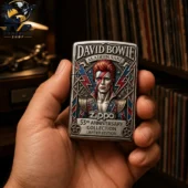 David Bowie Aladdin Sane limited edition Zippo lighter held in hand
