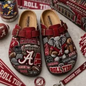 Alabama Crimson Tide themed Birkenstock clogs with elephant mascot and team logos.