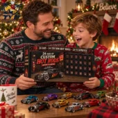 Father and son opening a 24-day custom hot rods die-cast car advent calendar