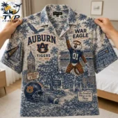Auburn Tigers themed collage print button-down shirt featuring university landmarks and mascot