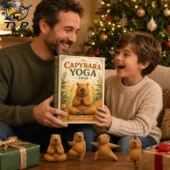 Father and son holding a Capybara Yoga 2026 advent calendar with miniature figurines
