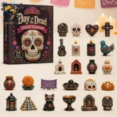 Day of the Dead advent calendar with 24 decorative acrylic ornaments featuring sugar skull and cultural motifs.