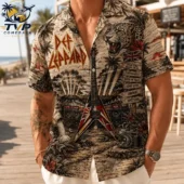 Man wearing a Def Leppard tropical-themed short-sleeve button-up shirt featuring graphic art from Tvpcomebackshop.