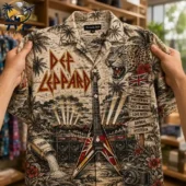 Def Leppard themed tropical shirt with guitar and leopard print details by Tvpcomebackshop