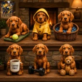 Set of six adorable puppy dog figurines on a wooden shelf