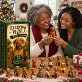 Two women smiling while holding a Vizsla dog miniature from an Everyday Vizsla Advent Calendar.