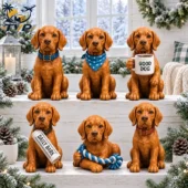 Set of six handcrafted resin golden retriever puppy figurines on a holiday mantle