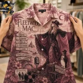 Fleetwood Mac Dreams 3D Hawaiian Shirt 2 Vintage pink Fleetwood Mac Hawaiian button-down shirt featuring Stevie Nicks and song titles from Tvpcomebackshop
