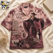 Fleetwood Mac Dreams 3D Hawaiian Shirt 3 Fleetwood Mac themed Hawaiian shirt in pink with vintage music illustrations