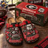 University of Georgia Bulldogs themed clogs with matching decorative box