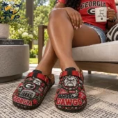 Georgia Bulldogs NCAA 3D Embossed Suede Clogs 3 Georgia Bulldogs themed clog sandals worn by a woman